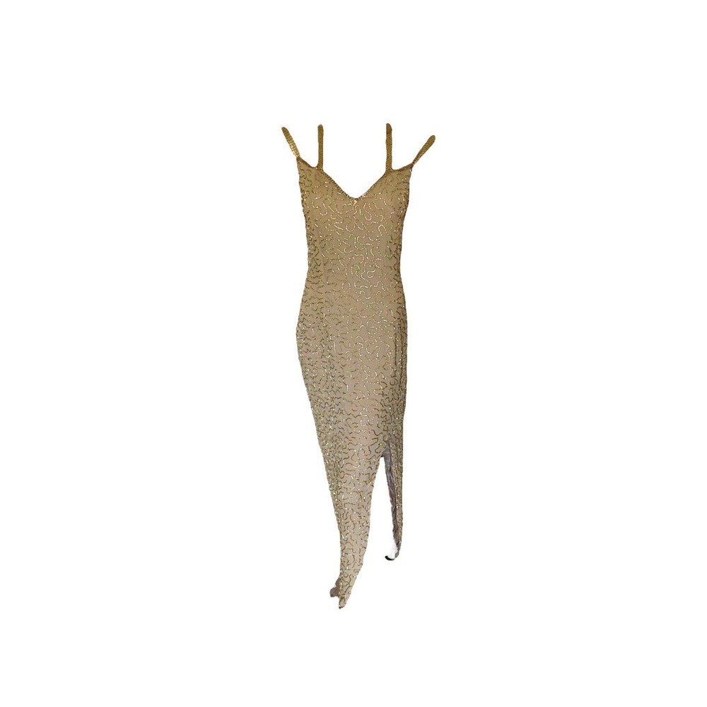 Ted Lapidus Gown Women 6 Gold Good Beaded Silk Sequin Maxi Dress Vintage Couture